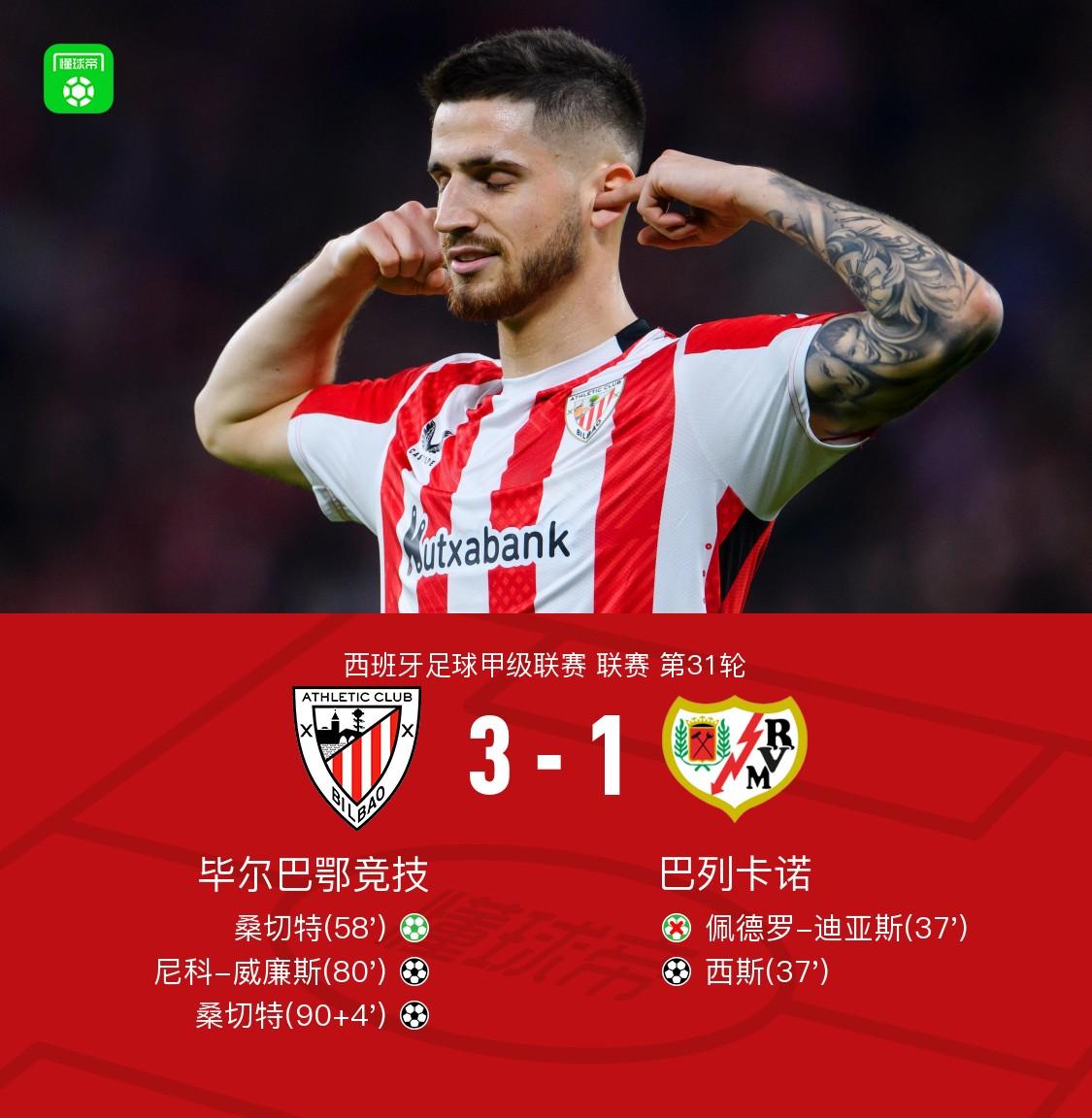 毕尔巴鄂竞技稳固领先位置，临近夺冠